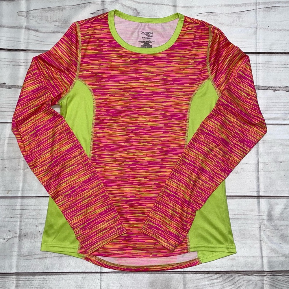 XL (14/16) Danskin Now Drimore Girls Shirt Long Sleeve Bright Yellow Pink